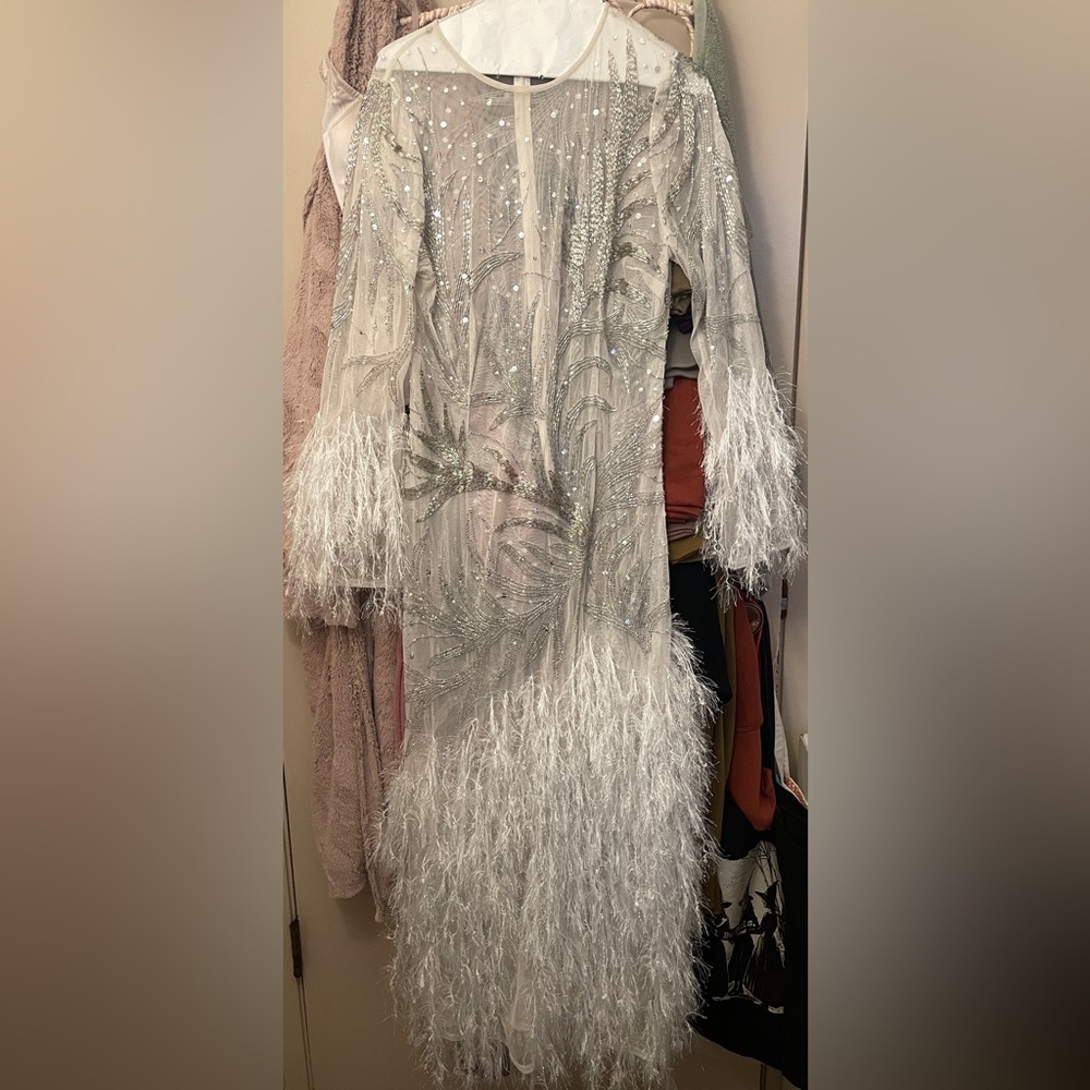 ASOS Elegant Silver Beaded White Feathered Women's Dress - Picture 8 of 10